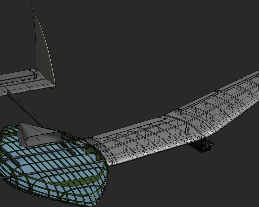 Modelo CAD do ShadowLynx: nervuras e longarina da asa, cavernas da fuselagem e a deriva na cauda