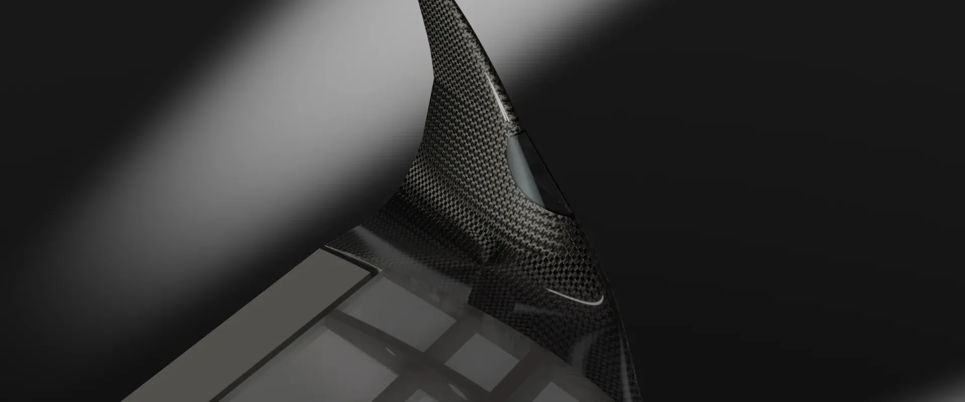 Render CAD do winglet e da asa exterior do ShadowLynx vistos de baixo, com acabamento de superfície em compósito entrançado