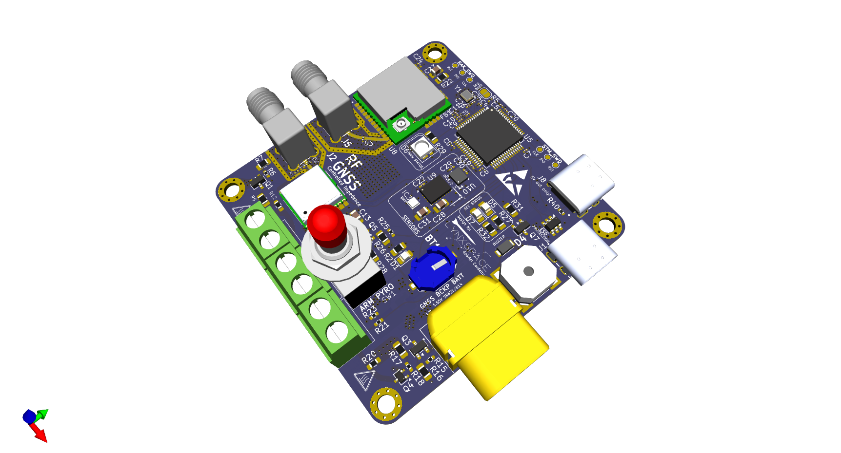 O suporte de aviónica LynxYNav a entrar numa fuselagem em carbono: a placa aparafusada a um suporte impresso por baixo de uma antepara, a antena estendida para um lado e caudas coaxiais a correr para dois conectores SMA